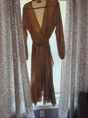Rust Brown Floral Long-Sleeve Wrap Dress with Tie Waist